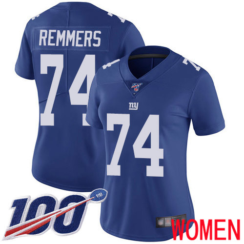Women New York Giants #74 Mike Remmers Royal Blue Team Color Vapor Untouchable Limited Player 100th Season Football NFL Jersey